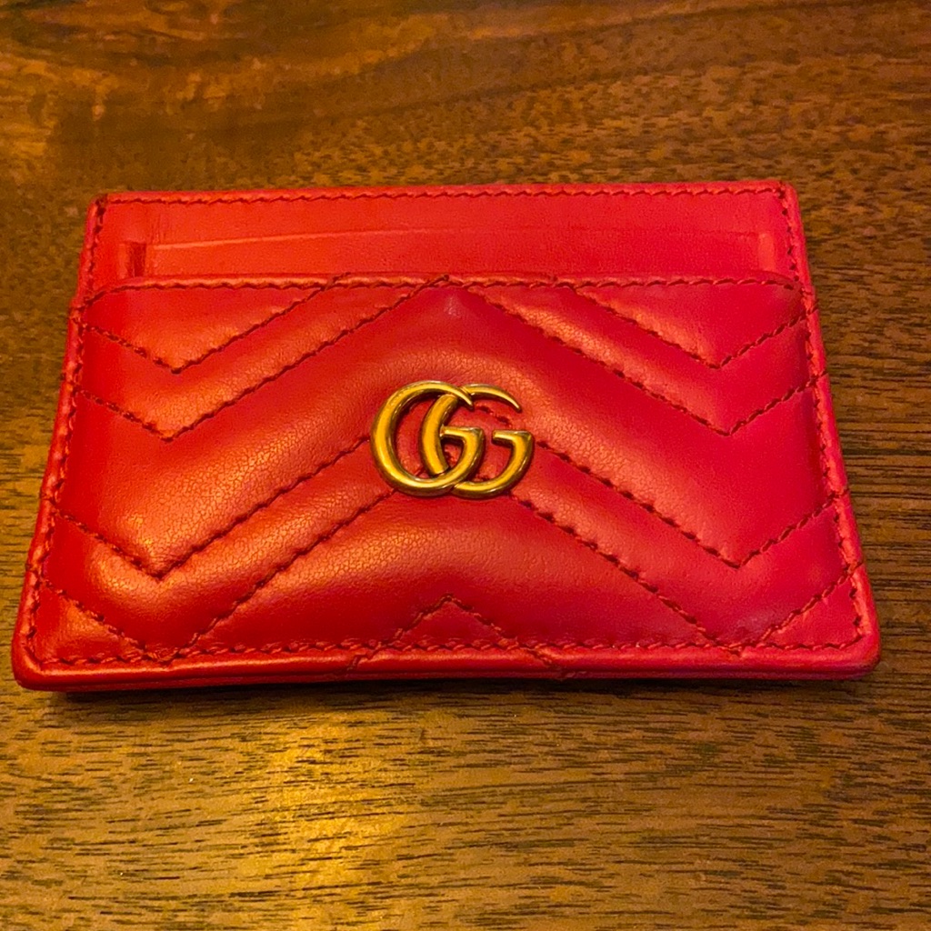 Gucci Gg Marmot Cardholder In Soft Matelasse Red Leather Classic Chevron Design